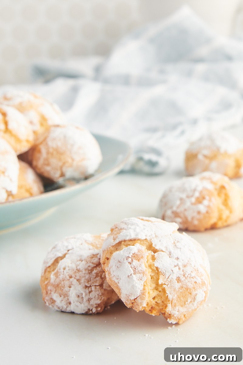 Two perfectly baked Amaretti cookies, one stacked on top of the other, with a blurry background of additional cookies, highlighting their appealing texture.