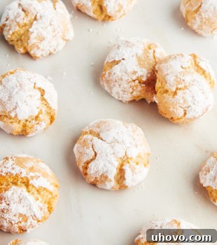 Overhead view of perfectly baked Amaretti cookies arranged on a kitchen countertop.