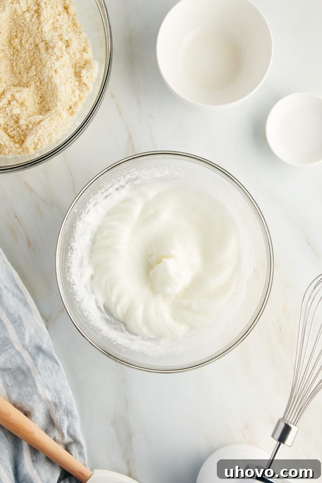 Overhead view of whipped egg whites in a mixing bowl, demonstrating the 'soft peaks' stage achieved after beating for Amaretti cookies.