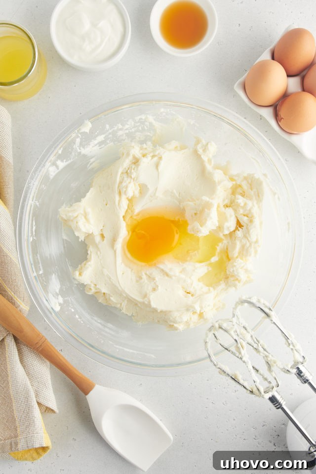 A close-up, overhead view of an egg being cracked into the smooth, creamy cheesecake filling mixture in a mixing bowl, illustrating a key step in creating the rich texture.