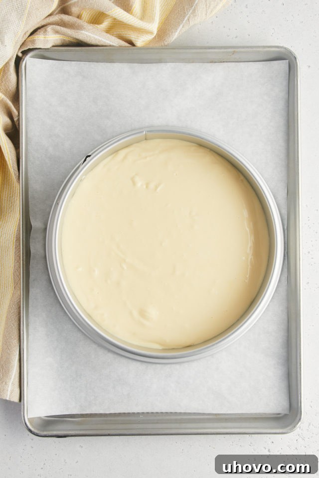 An overhead shot of the unbaked cheesecake filling, smooth and pale, poured into the pre-baked graham cracker crust within a springform pan, ready for its slow bake.