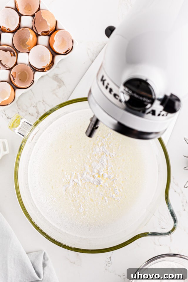 Cream of tartar and salt being added to the foamy egg whites in a stand mixer, crucial for stabilizing the meringue.