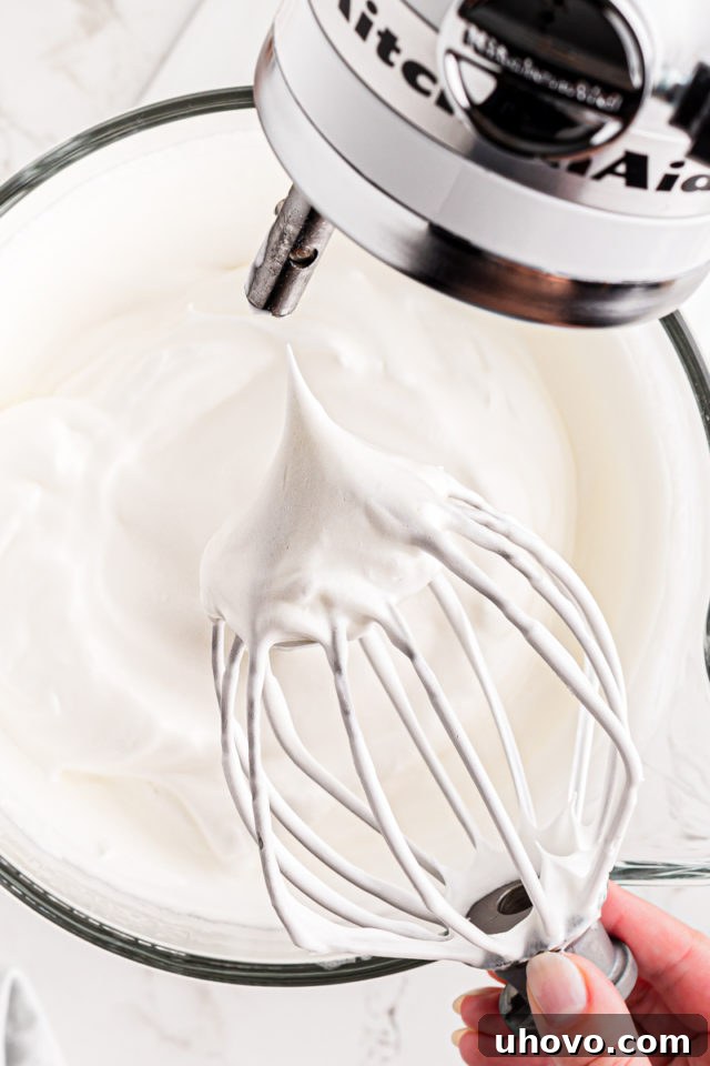 A whisk lifted from a bowl of whipped egg whites, clearly showing stiff peaks that stand upright, indicating proper meringue consistency.