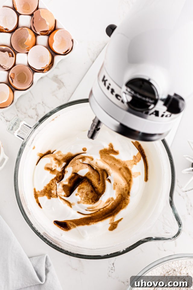Vanilla extract being gently folded into the perfectly whipped egg whites, adding flavor without deflating the meringue.