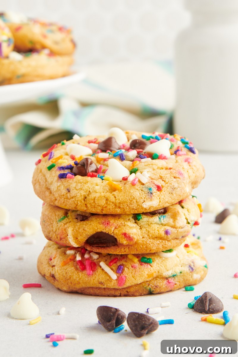 A delectable stack of three soft and chewy sprinkle chocolate chip cookies, adorned with vibrant rainbow sprinkles and rich chocolate chips, resting on a pristine white countertop, ready to be enjoyed as a perfect homemade dessert.