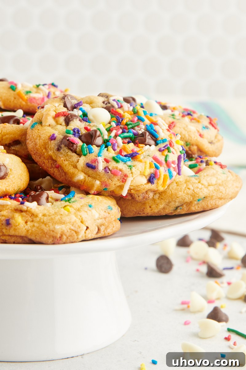 A delightful presentation of sprinkle chocolate chip cookies arranged elegantly on a white cake stand, showcasing their colorful appeal and perfect round shapes, ready for a celebration or treat.