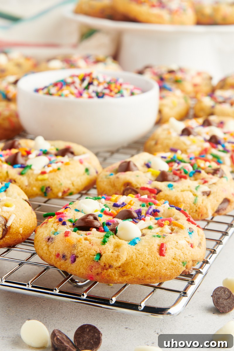 A charming scene featuring freshly baked sprinkle chocolate chip cookies cooling on a wire rack in the foreground, with a small bowl brimming with colorful sprinkles and more cookies artfully displayed on a white cake stand in the background, highlighting the fun and delicious nature of these treats.