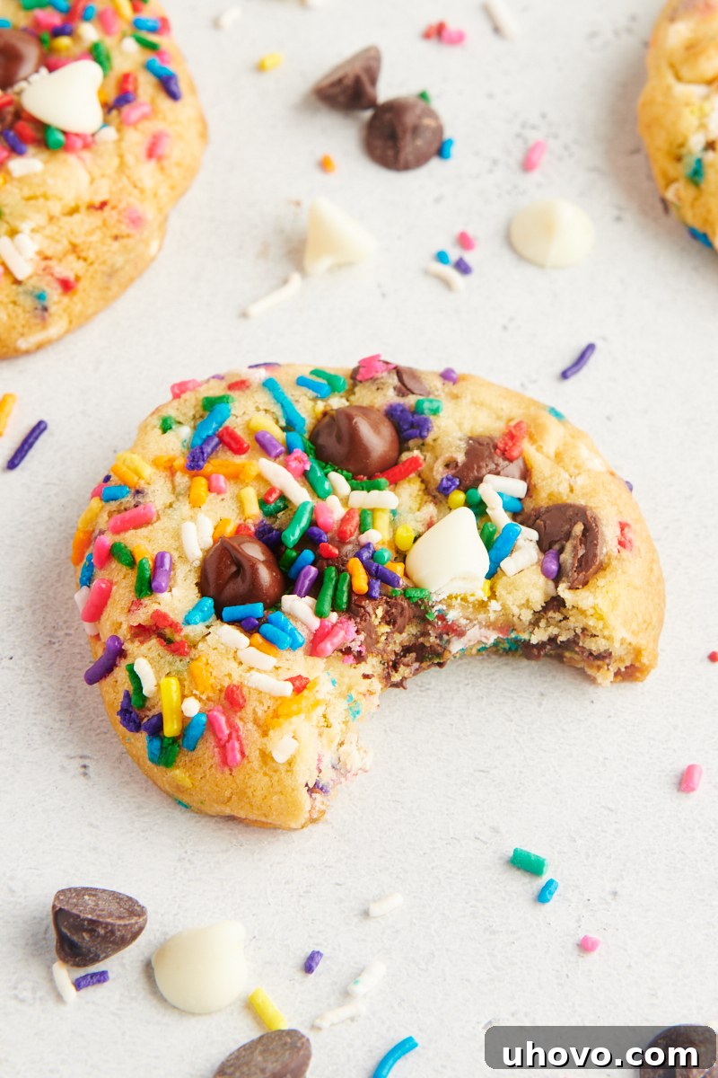 A close-up, irresistible view of a single sprinkle chocolate chip cookie with a bite taken out, revealing its perfectly soft, wonderfully chewy texture and the rich melty chocolate chips within, embodying pure cookie bliss and tempting flavor.