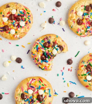 An inviting overhead view of freshly baked sprinkle chocolate chip cookies, scattered artistically across a clean white countertop, showcasing their vibrant colors and appealing textures.