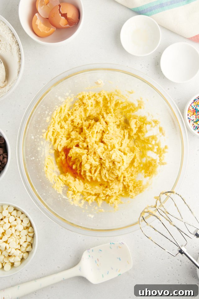 A close-up overhead view of vanilla extract being poured into the cookie dough mixture in a glass bowl, adding a crucial aromatic element.