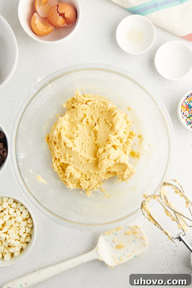 A perfectly mixed batch of sprinkle chocolate chip cookie dough resting in a clear glass mixing bowl, showcasing a uniform texture with no visible streaks of flour, ready for the next step.