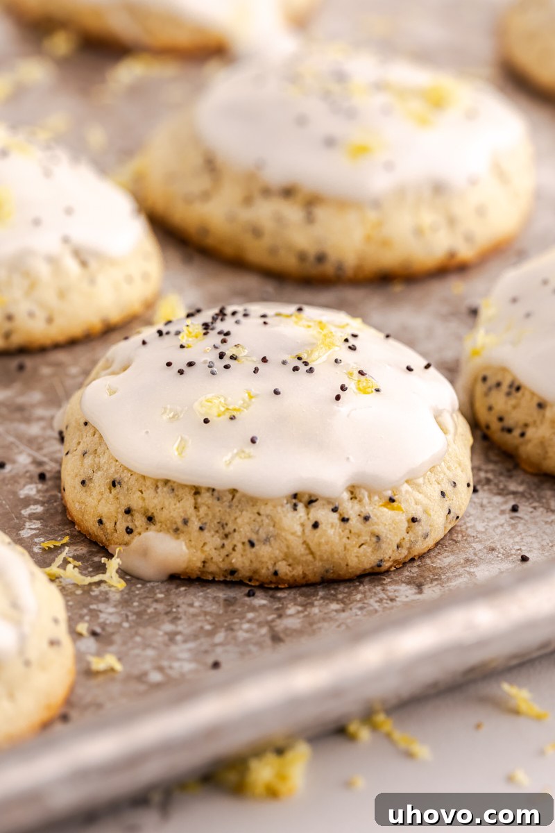 Freshly baked lemon poppy seed cookies cooling on a wire rack, topped with a tangy lemon glaze.