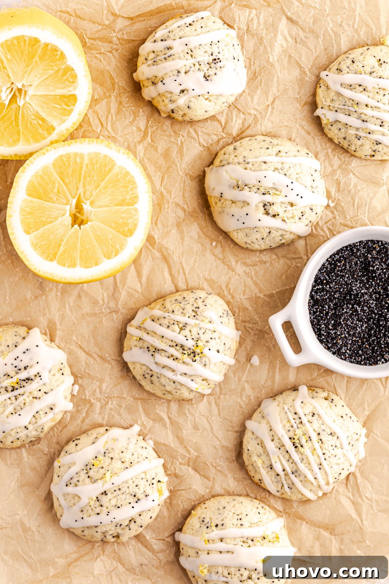 Overhead view of finished lemon poppy seed cookies on parchment paper, surrounded by fresh lemon slices and a small bowl of poppy seeds, highlighting their fresh ingredients.