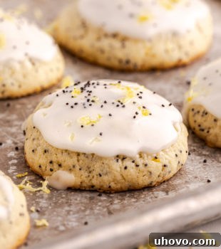 Freshly baked lemon poppy seed cookies cooling on a wire rack, topped with a tangy lemon glaze.