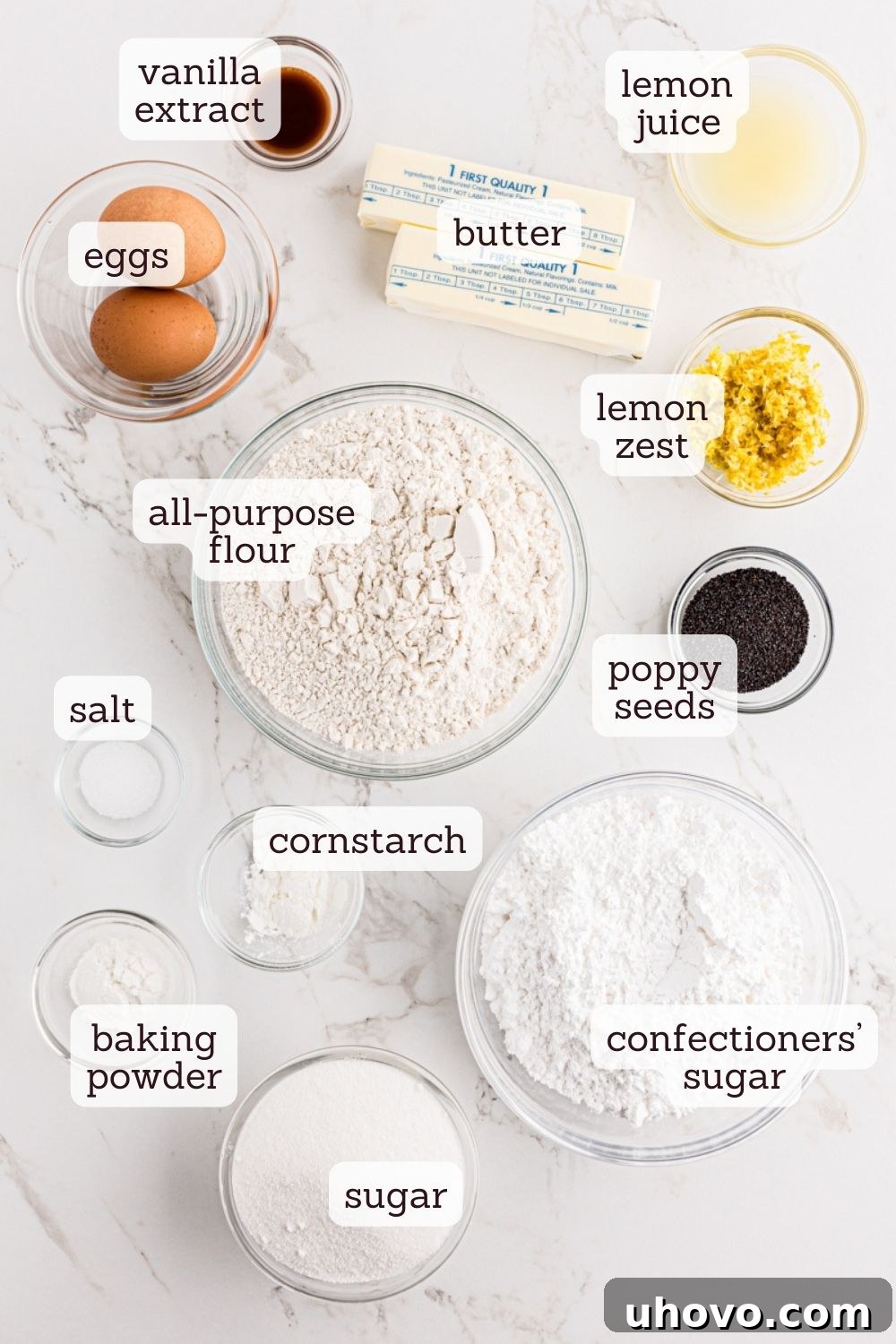 Overhead view of various fresh ingredients laid out for making lemon poppy seed cookies, including flour, sugar, lemons, and butter.