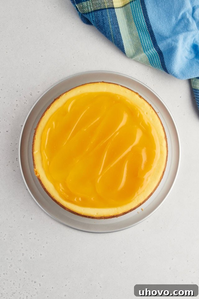Overhead view of a chilled lemon cheesecake, elegantly topped with a layer of glistening lemon curd, ready for serving.