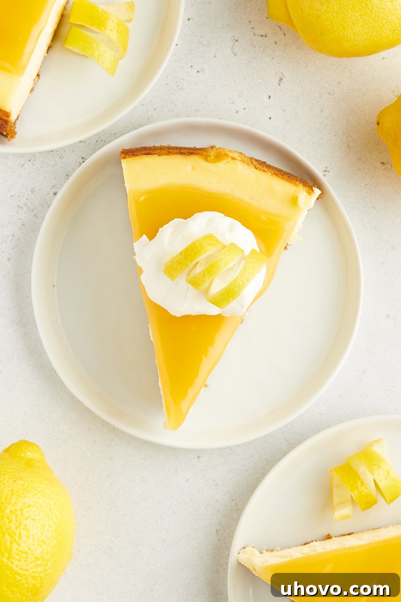 Overhead view of a beautiful slice of lemon cheesecake topped with a glossy lemon curd, fluffy whipped cream, and a delicate lemon curl.
