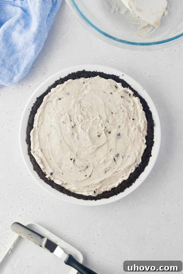 Overhead view of the perfectly assembled Oreo pie, with its smooth filling spread over the dark crust, chilling in a glass pie plate.