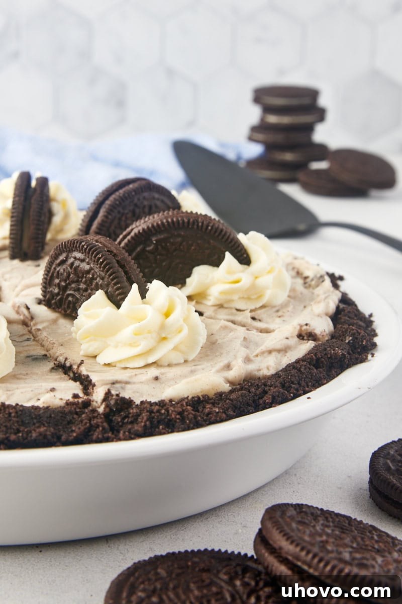 Close-up view of the smooth, creamy No-Bake Oreo Pie filling nestled perfectly within its dark cookie crust in a white pie plate.