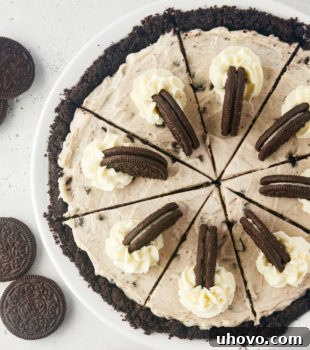 Overhead view of a beautifully sliced No-Bake Oreo Pie, garnished with a generous dollop of whipped cream and extra Oreo pieces.