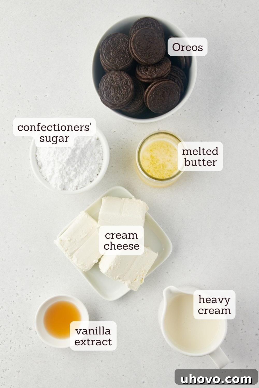 Overhead view of all the essential ingredients laid out for making the No-Bake Oreo Pie.