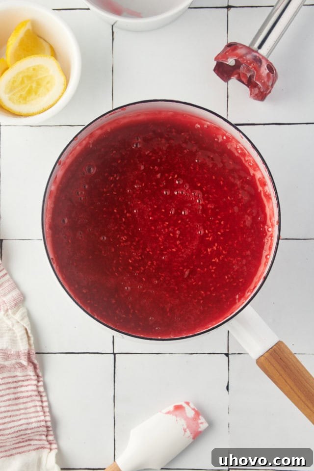 Overhead view of the cooked raspberry mixture after being puréed with a blender, showcasing its smooth texture.
