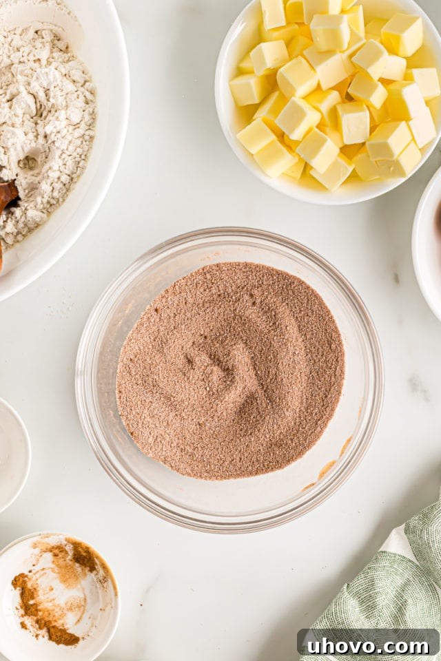 Overhead view of the cocoa and cinnamon sugar mixture in a glass bowl, whisked until perfectly combined and ready for layering.