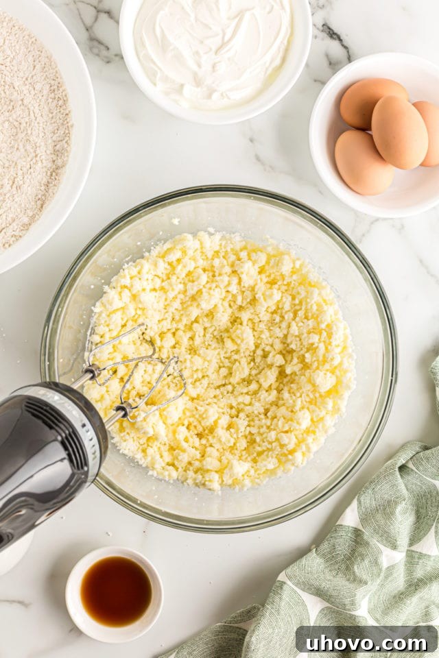Overhead view of granulated sugar being beaten into softened butter in a glass bowl with an electric mixer, creating a fluffy mixture.