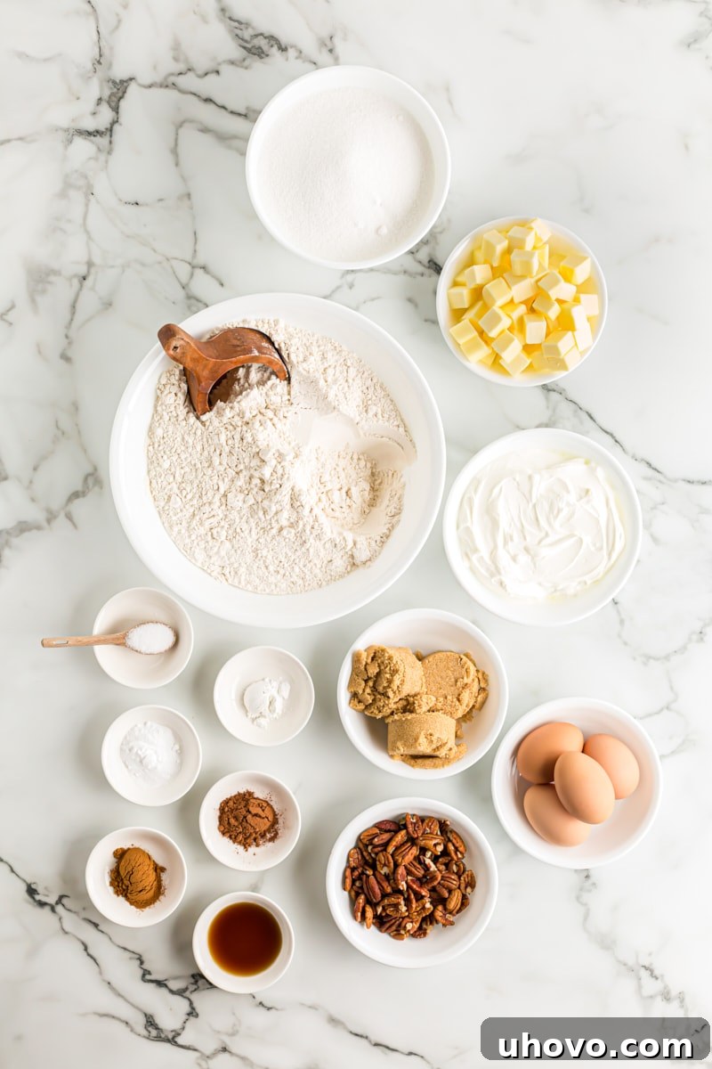 Overhead view of various fresh ingredients laid out, ready for baking sour cream coffee cake with chocolate cinnamon swirl, emphasizing quality and preparation.