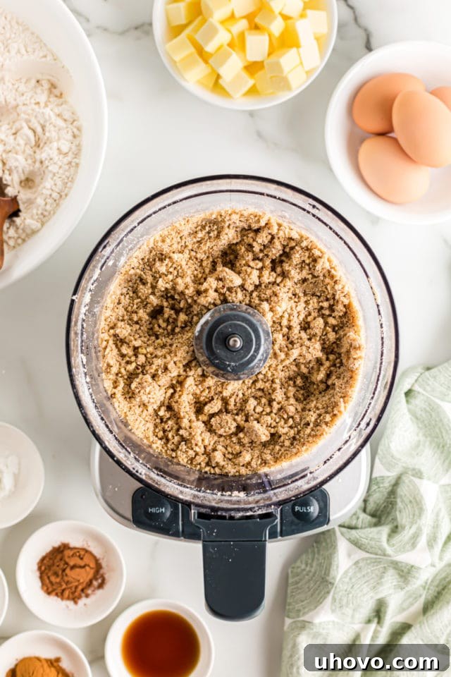 Overhead view of the finished coarse crumb topping mixture in a food processor, ready for chilling.
