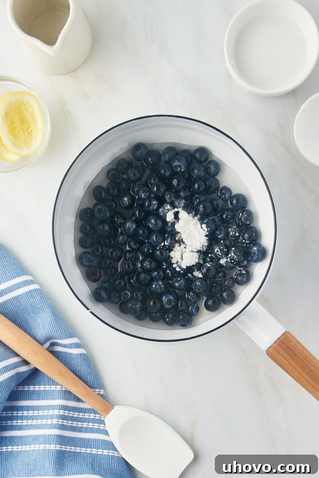 Blueberries, granulated sugar, cornstarch, and lemon juice gathered in a white saucepan, ready to be cooked for the compote.