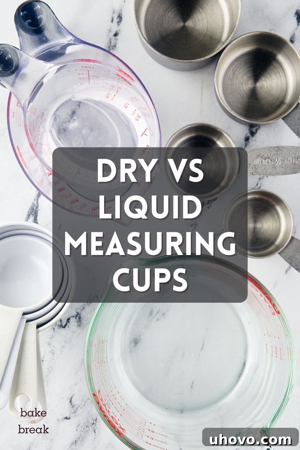 overhead view of various measuring cups, distinguishing between dry and liquid types; text overlay "Mastering Dry vs Liquid Measuring Cups for Perfect Baking"