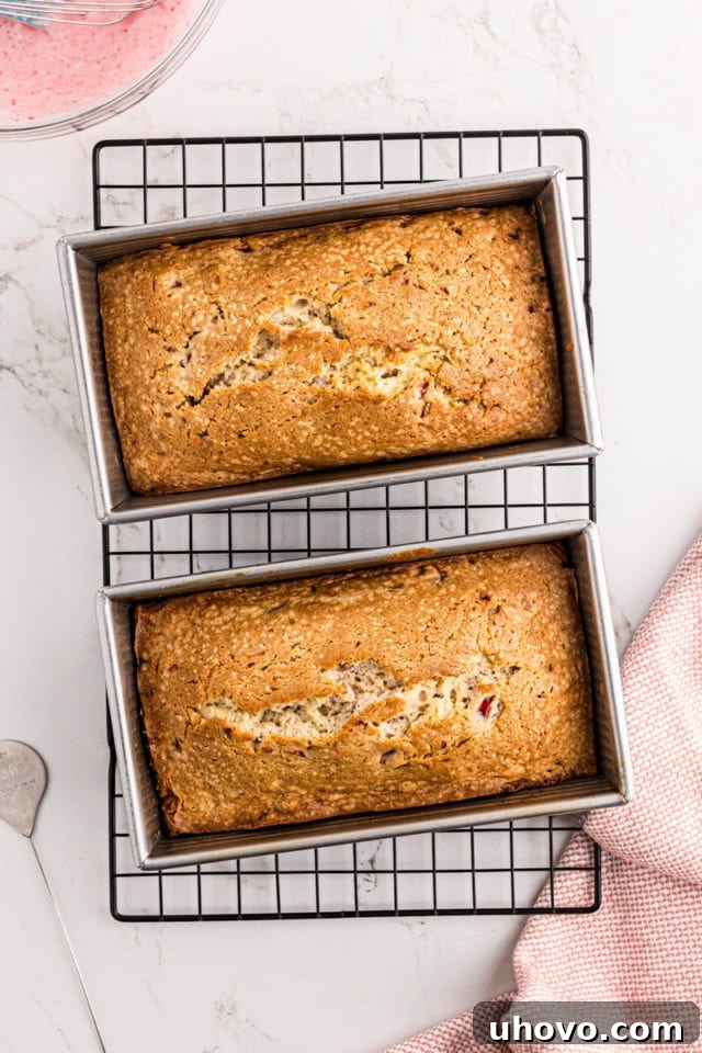 Overhead view of two freshly baked strawberry pound cakes, still in their loaf pans, cooling on a wire rack, with a golden-brown crust and visible strawberry flecks.