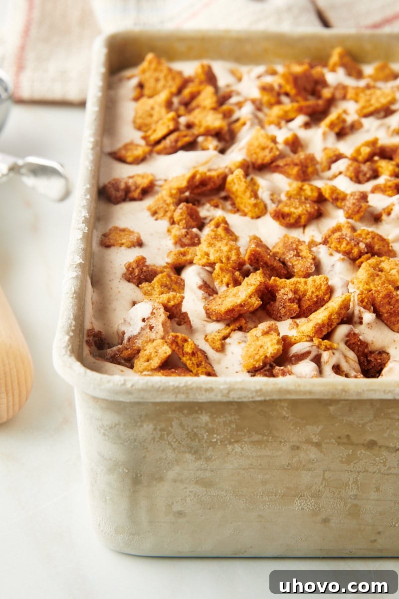 Churro ice cream beautifully layered in a loaf pan, ready for freezing