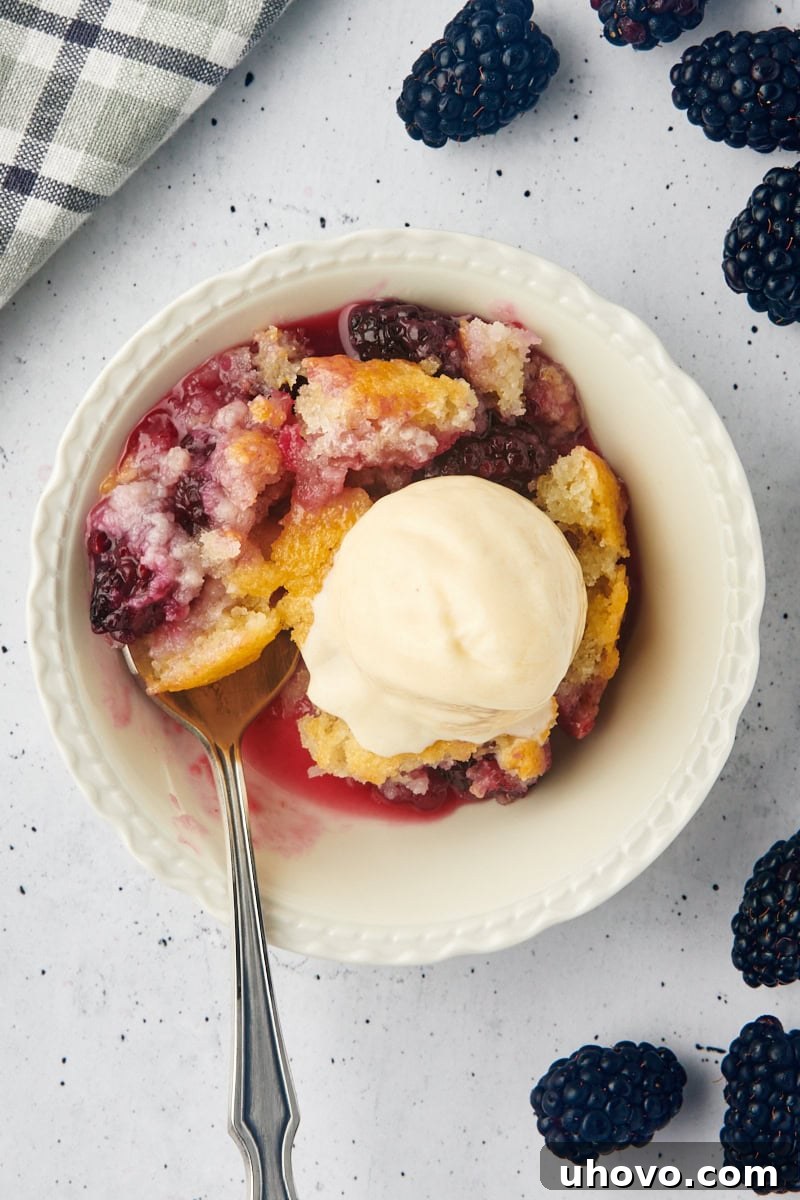 Overhead close-up of a generous serving of blackberry cobbler in a white bowl, topped with a scoop of melting vanilla ice cream and a silver spoon, emphasizing its inviting deliciousness and readiness to be savored.