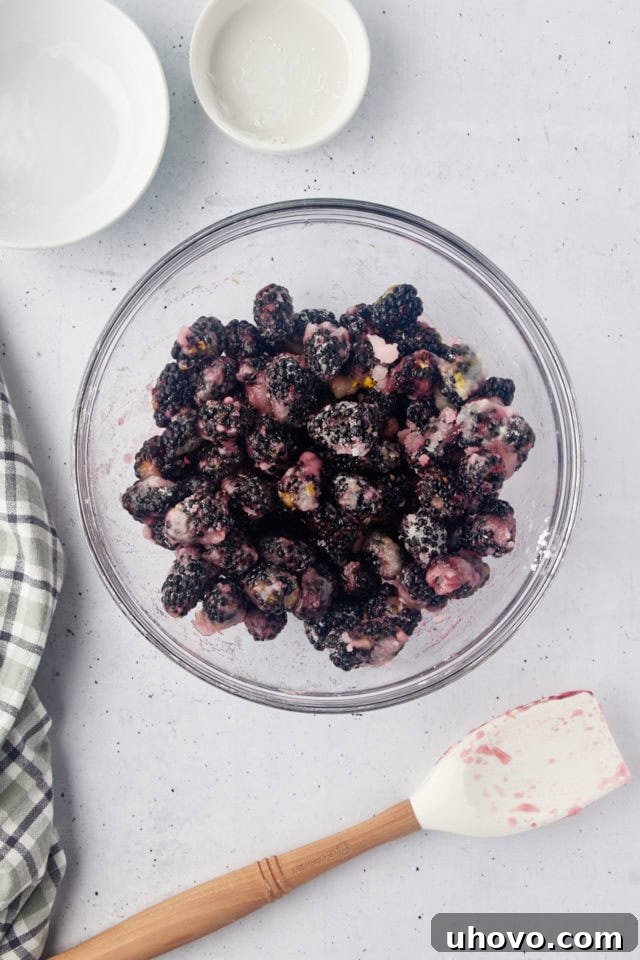 Close-up overhead view of fresh blackberries being mixed with sugar, cornstarch, lemon juice, and lemon zest in a clear glass mixing bowl, forming the vibrant cobbler filling.