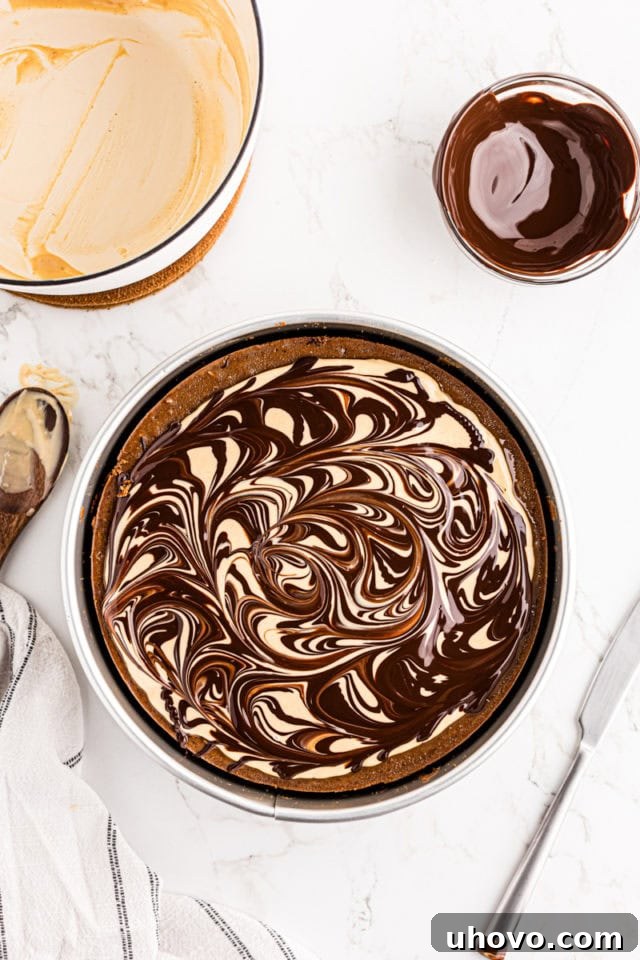An overhead view of the chocolate peanut butter cheesecake with chocolate swirls gracefully created on the topping before it sets.