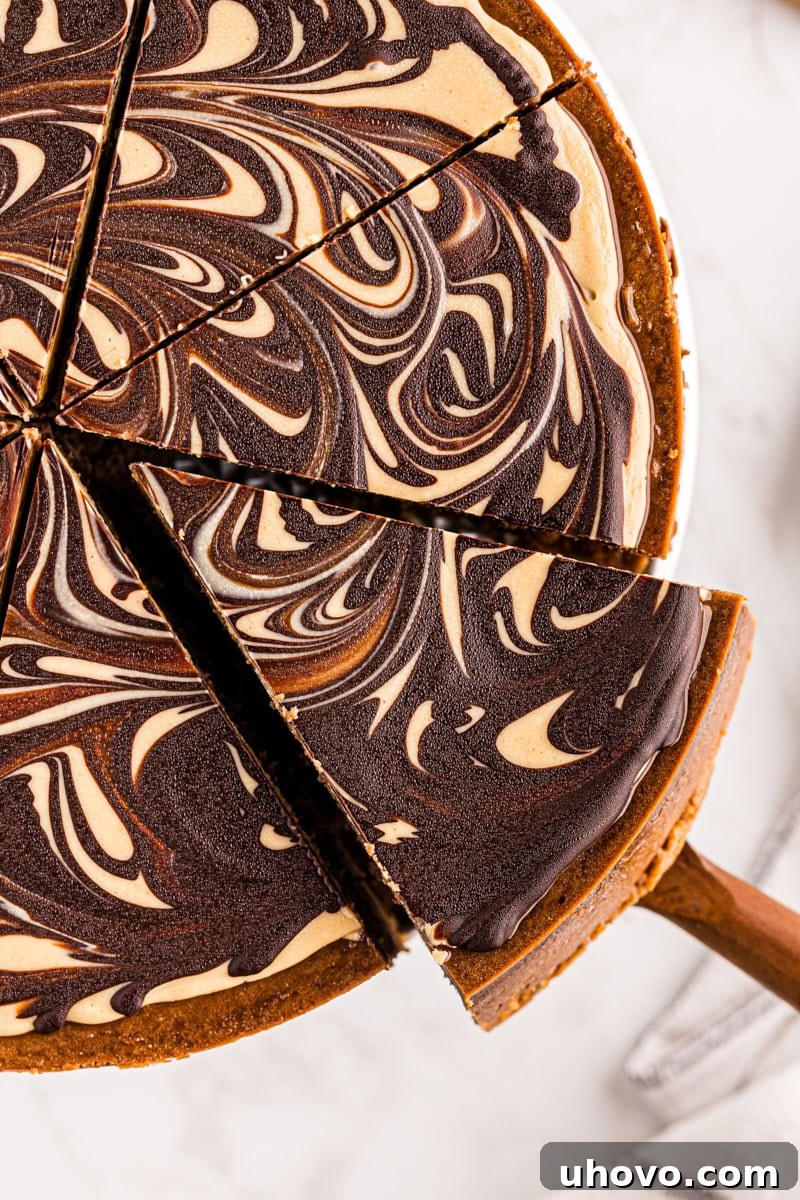A hand gently removing a perfect slice of chocolate peanut butter cheesecake from the cake stand, ready to serve.