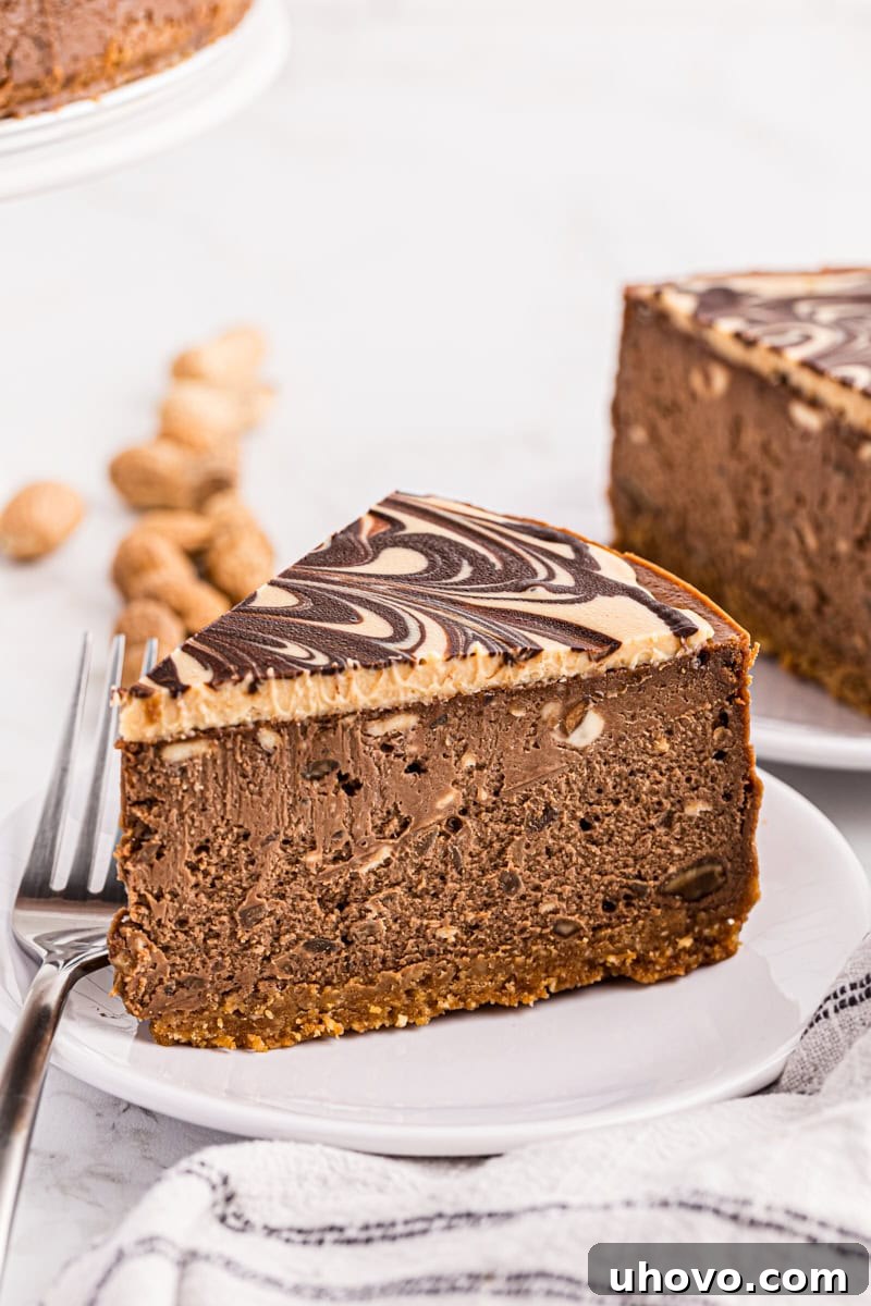 A beautiful side view of the chocolate peanut butter cheesecake, showcasing its impressive height and creamy layers.