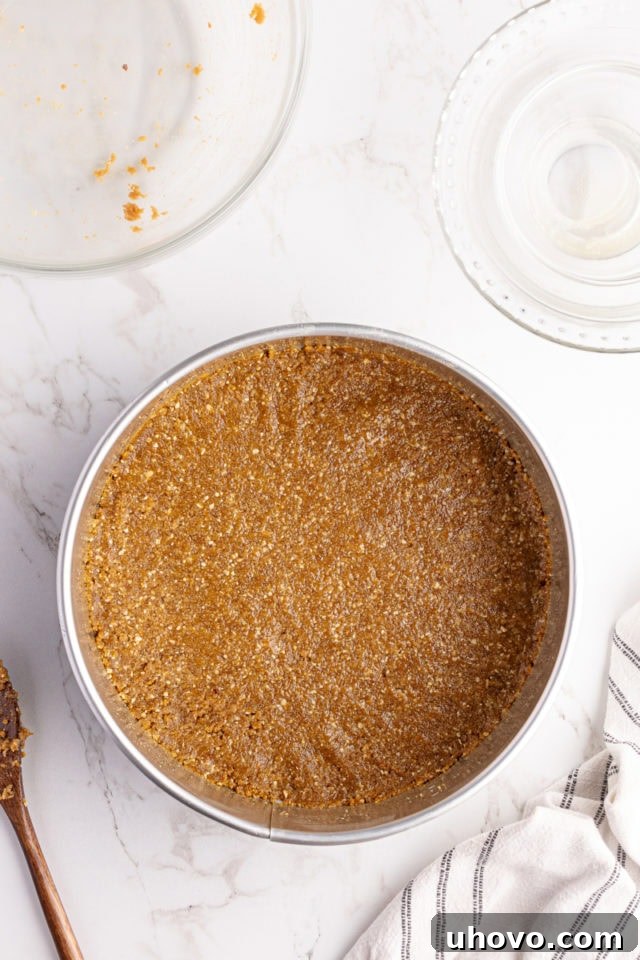 Overhead view of the crushed Nutter Butter and peanut crust being firmly pressed into a springform pan, ready for the filling.