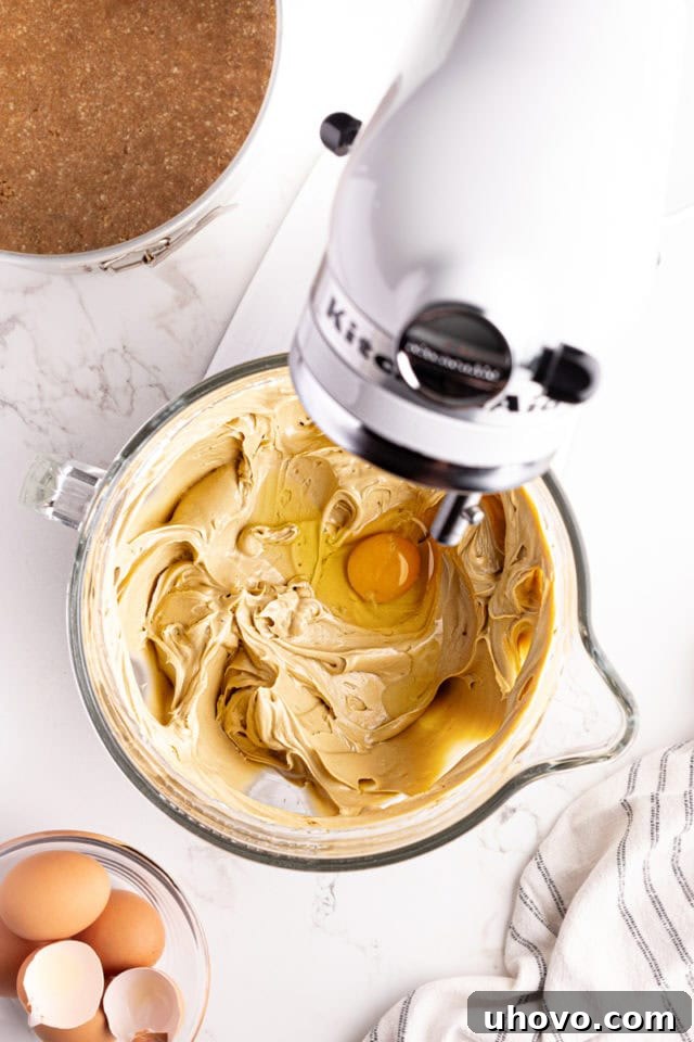 An egg being carefully added to the smooth cheesecake filling mixture in a stand mixer, indicating the gradual mixing process.