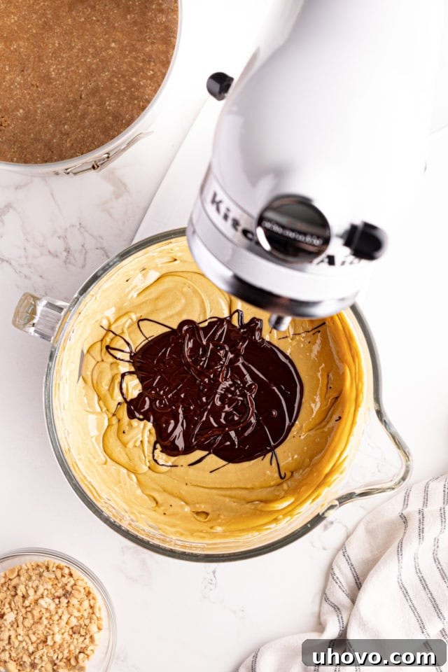 Melted chocolate being drizzled into the creamy cheesecake filling in a stand mixer, preparing for the final mix-ins.