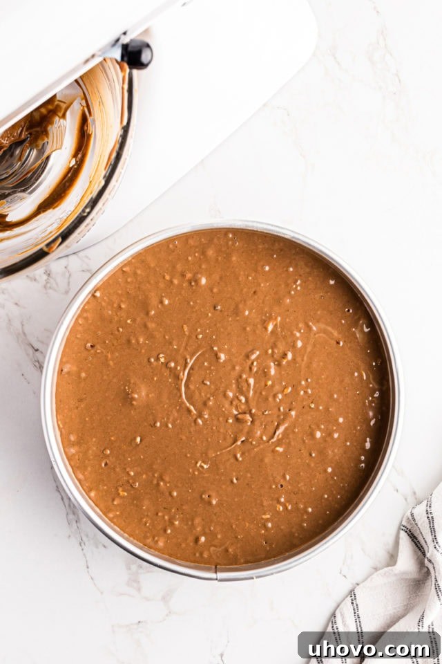 The smooth, creamy chocolate peanut butter cheesecake batter perfectly poured over the prepared Nutter Butter crust in a springform pan.