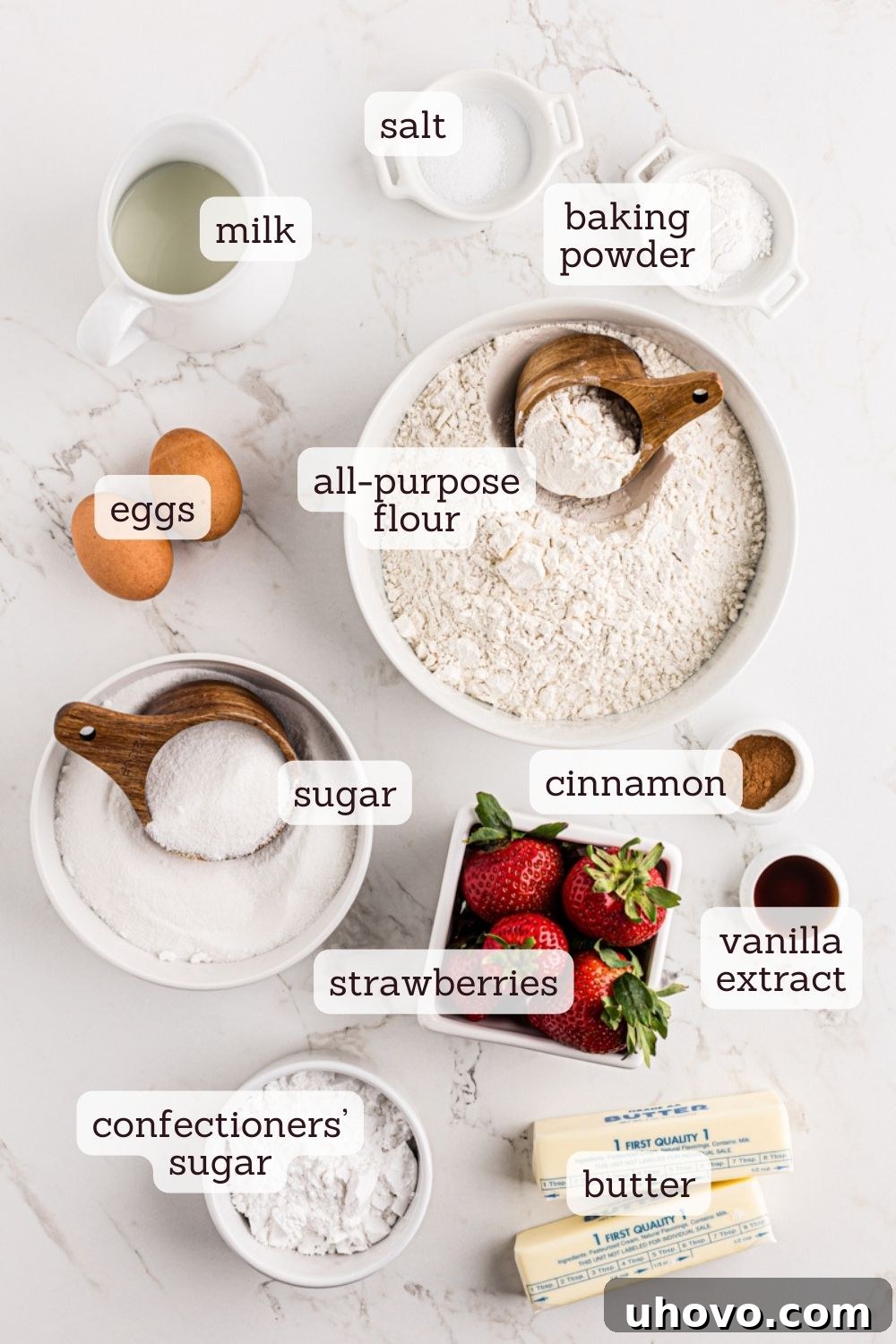 overhead view of ingredients for strawberry coffee cake