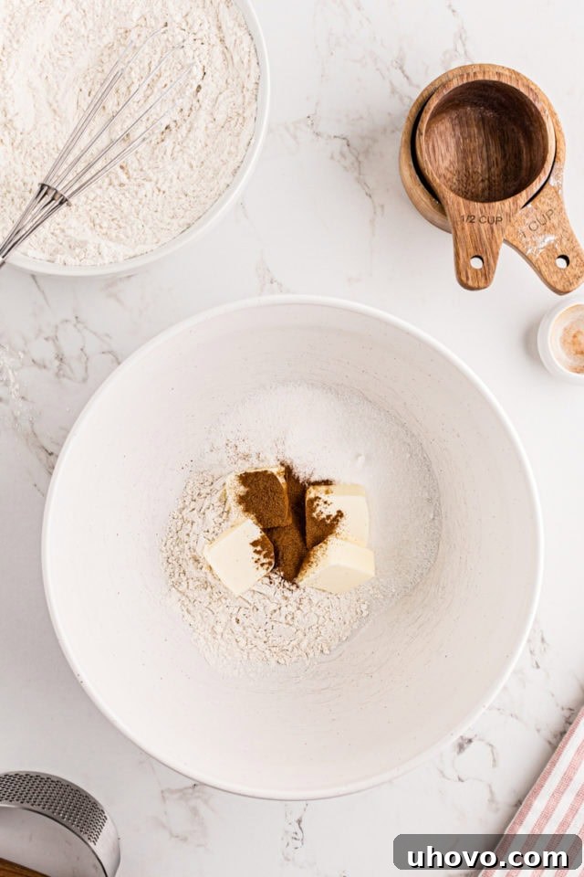 overhead view of butter added to flour, sugar, and cinnamon in a white mixing bowl