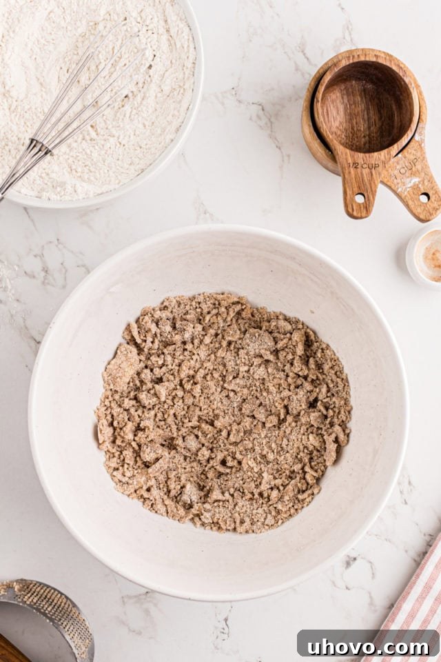 overhead view of mixed crumb topping for strawberry coffee cake