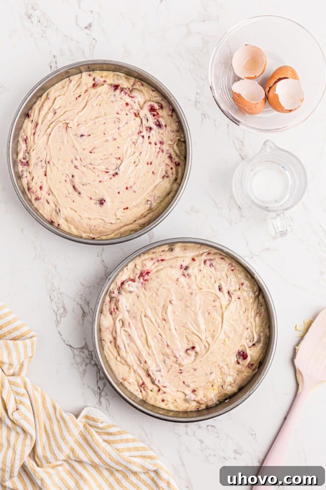 Overhead view of lemon raspberry cake batter divided evenly between two round cake pans, ready for baking.