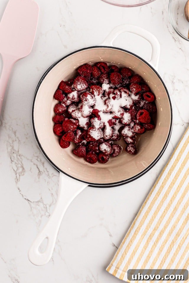Overhead view of fresh raspberries, granulated sugar, and lemon juice combined in a saucepan, ready for cooking.