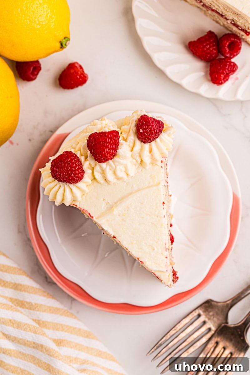 Overhead view of a perfectly sliced piece of lemon raspberry cake on a white plate, showcasing its distinct layers.