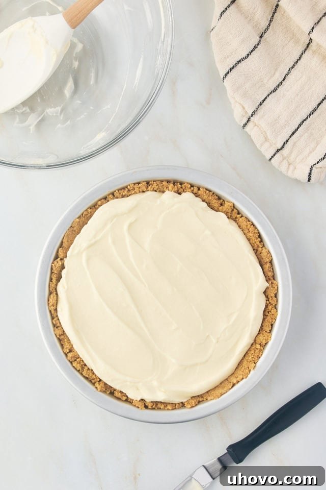 overhead view of s'mores pie filling spread in a graham cracker crust
